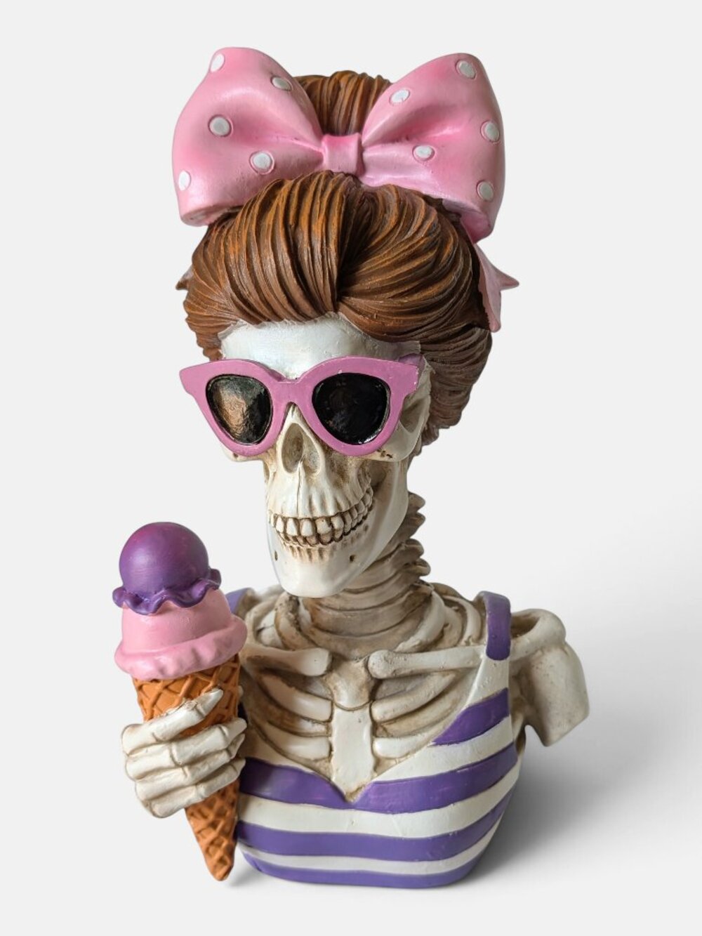Skeleton Halloween Bust Statue Pink Bow Ice Cream Summerween Decor 11.5"